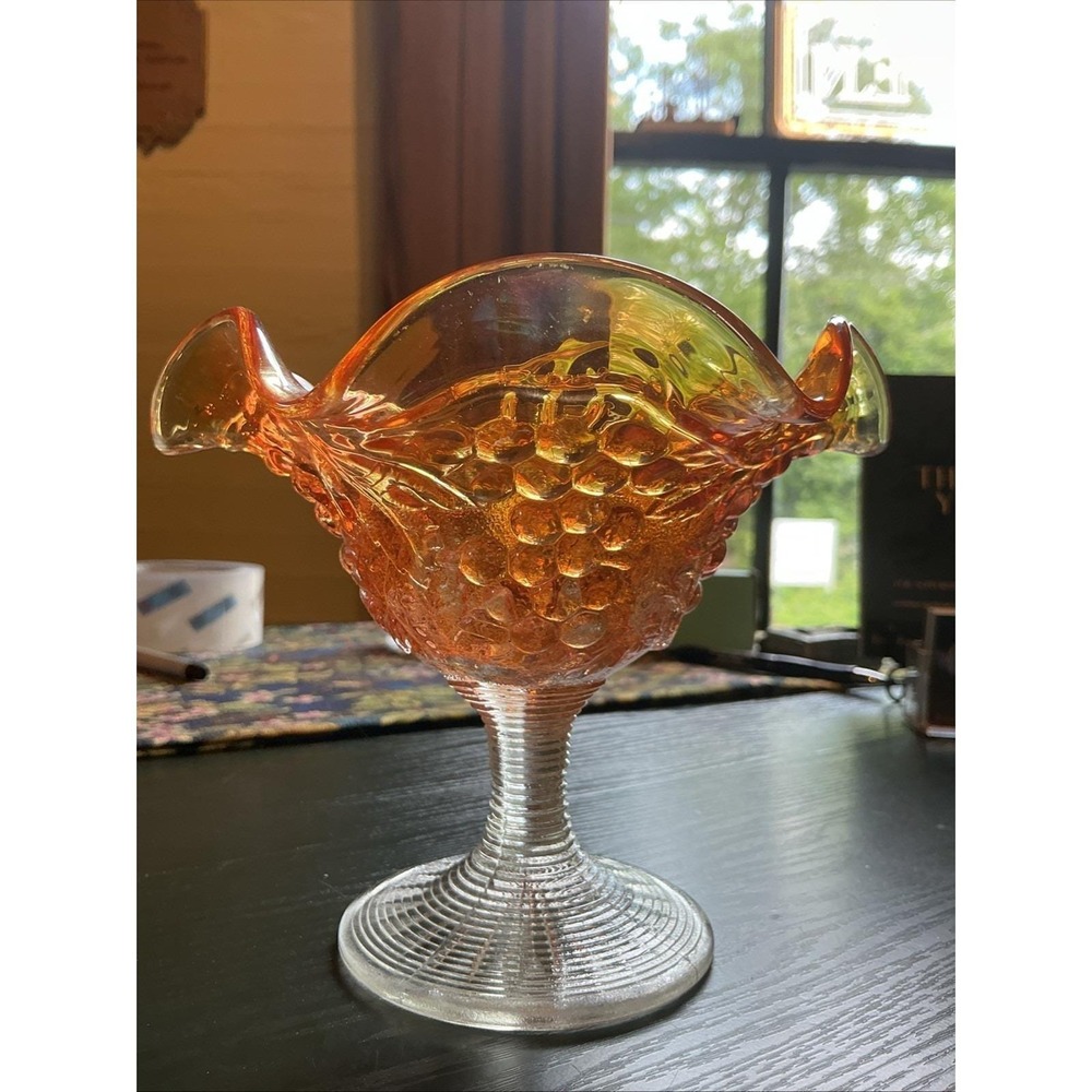 Vintage Imperial Carnival Grape & Cable Marigold Glass Compote Pedestal Ruffled